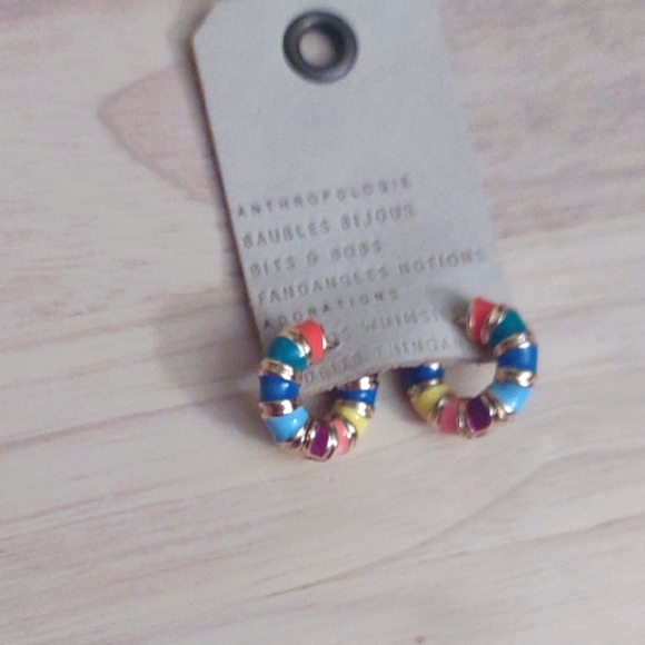 Anthropologie Vintage Style Gold Colorful Enameled Huggy Click Earrings